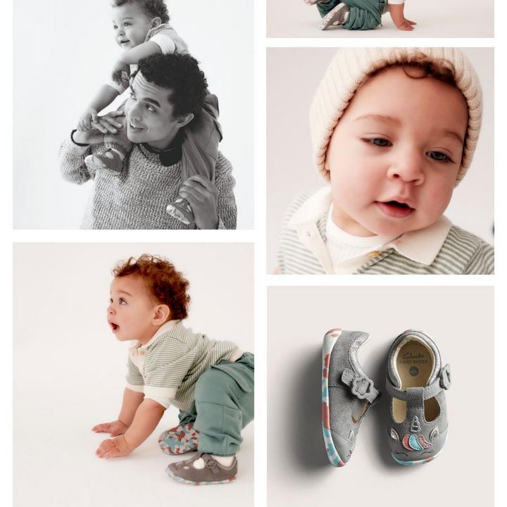 Baby wearing Clarks' Roamer Myth first shoes